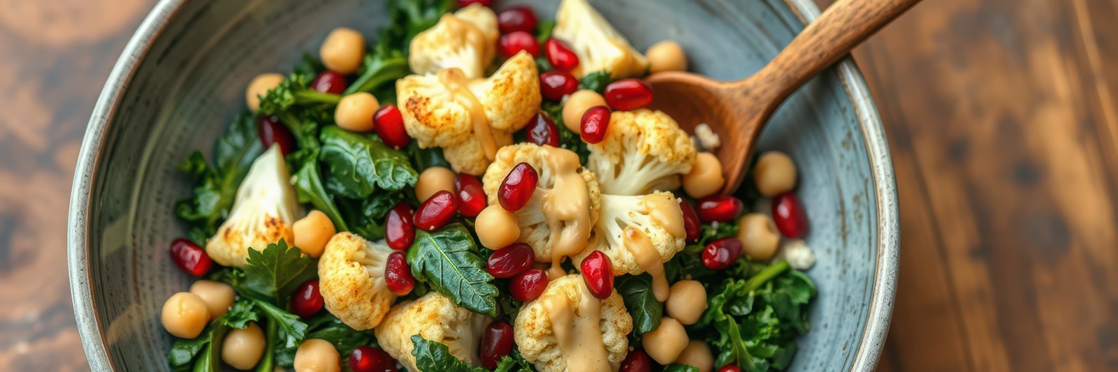 Fresh salad with roasted cauliflower, chickpeas, and pomegranate served in a rustic bowl